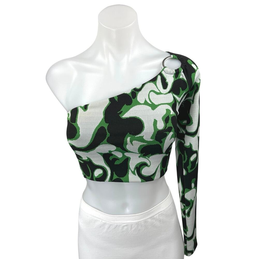 Zara Green Multicolor One Shoulder Ring Abstract Long Sleeve Crop Top Size S
